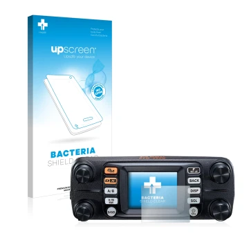 Parte frontal de un envase de producto con el logotipo de la marca upscreen. Al lado se muestra el dispositivo Yaesu FTM-300DE