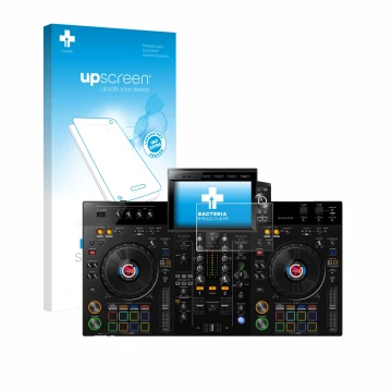 Parte frontal de un envase de producto con el logotipo de la marca upscreen. Al lado se muestra el dispositivo Pioneer XDJ-RX3