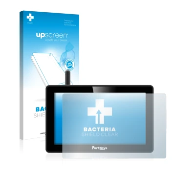 Parte frontal de un envase de producto con el logotipo de la marca upscreen. Al lado se muestra el dispositivo Portkeys BM5 WR