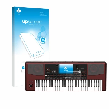 Parte frontal de un envase de producto con el logotipo de la marca upscreen. Al lado se muestra el dispositivo KORG Pa1000 con
