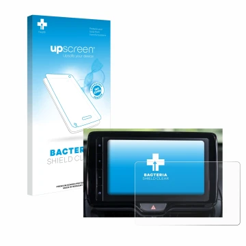 Parte frontal de un envase de producto con el logotipo de la marca upscreen. Al lado se muestra el dispositivo Toyota Yaris Cr