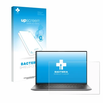 Parte frontal de un envase de producto con el logotipo de la marca upscreen. Al lado se muestra el dispositivo Dell Precision 