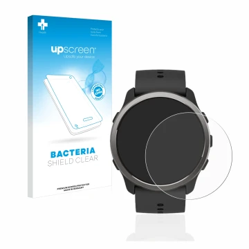 Parte frontal de un envase de producto con el logotipo de la marca upscreen. Al lado se muestra el dispositivo Suunto 5 Peak c