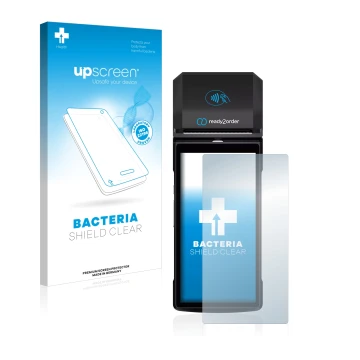 Parte frontal de un envase de producto con el logotipo de la marca upscreen. Al lado se muestra el dispositivo Ready2order Rea