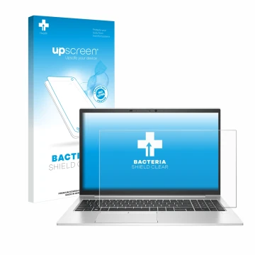 Parte frontal de un envase de producto con el logotipo de la marca upscreen. Al lado se muestra el dispositivo HP EliteBook 85
