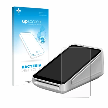 Parte frontal de un envase de producto con el logotipo de la marca upscreen. Al lado se muestra el dispositivo Square Terminal