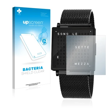 Parte frontal de un envase de producto con el logotipo de la marca upscreen. Al lado se muestra el dispositivo Qlocktwo W35 co