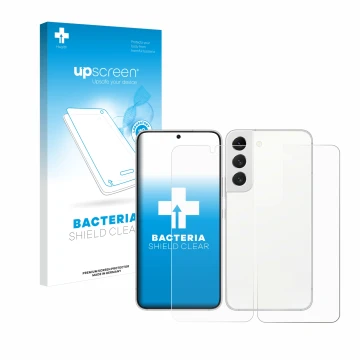 Parte frontal de un envase de producto con el logotipo de la marca upscreen. Al lado se muestra el dispositivo Samsung Galaxy 