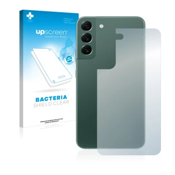 Parte frontal de un envase de producto con el logotipo de la marca upscreen. Al lado se muestra el dispositivo Samsung Galaxy 