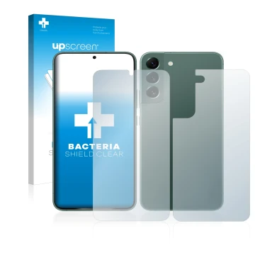 Parte frontal de un envase de producto con el logotipo de la marca upscreen. Al lado se muestra el dispositivo Samsung Galaxy 