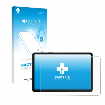 Parte frontal de un envase de producto con el logotipo de la marca upscreen. Al lado se muestra el dispositivo Samsung Galaxy 