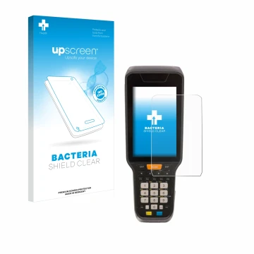 Parte frontal de un envase de producto con el logotipo de la marca upscreen. Al lado se muestra el dispositivo Datalogic Skorp