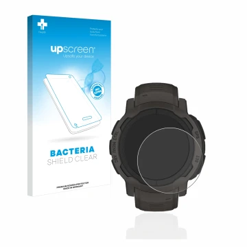 Parte frontal de un envase de producto con el logotipo de la marca upscreen. Al lado se muestra el dispositivo Garmin Instinct