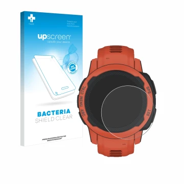 Parte frontal de un envase de producto con el logotipo de la marca upscreen. Al lado se muestra el dispositivo Garmin Instinct