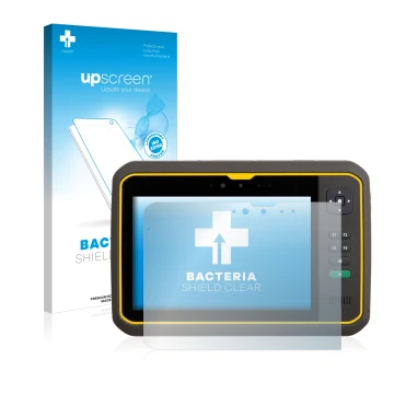 Parte frontal de un envase de producto con el logotipo de la marca upscreen. Al lado se muestra el dispositivo Trimble T7 con 