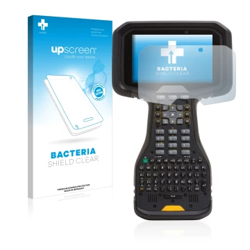 Parte frontal de un envase de producto con el logotipo de la marca upscreen. Al lado se muestra el dispositivo Trimble TSC5 co