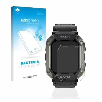 Parte frontal de un envase de producto con el logotipo de la marca upscreen. Al lado se muestra el dispositivo Kospet Tank M1 
