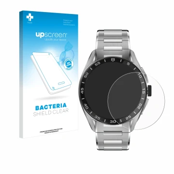 Parte frontal de un envase de producto con el logotipo de la marca upscreen. Al lado se muestra el dispositivo TAG Heuer Conne