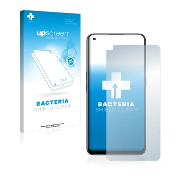 Parte frontal de un envase de producto con el logotipo de la marca upscreen. Al lado se muestra el dispositivo realme 9 Pro Pl