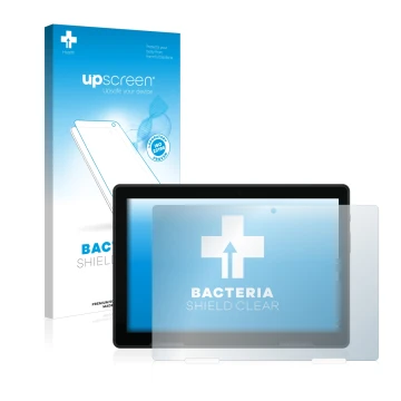 Parte frontal de un envase de producto con el logotipo de la marca upscreen. Al lado se muestra el dispositivo MEDION Lifetab 