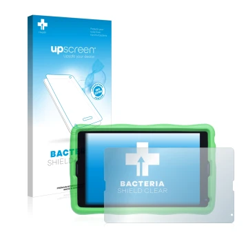 Parte frontal de un envase de producto con el logotipo de la marca upscreen. Al lado se muestra el dispositivo MEDION Lifetab 