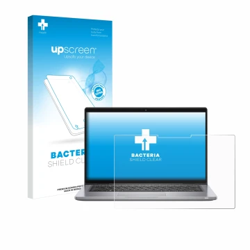 Parte frontal de un envase de producto con el logotipo de la marca upscreen. Al lado se muestra el dispositivo Dell Latitude 7