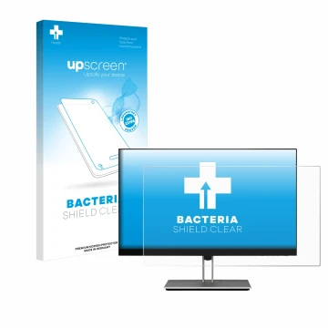 Parte frontal de un envase de producto con el logotipo de la marca upscreen. Al lado se muestra el dispositivo HP E24 G4 con s