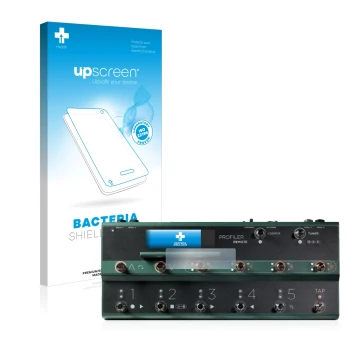 Parte frontal de un envase de producto con el logotipo de la marca upscreen. Al lado se muestra el dispositivo Kemper Profiler