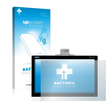 Parte frontal de un envase de producto con el logotipo de la marca upscreen. Al lado se muestra el dispositivo Siemens Simatic