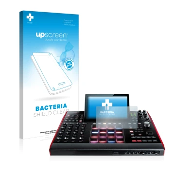 Parte frontal de un envase de producto con el logotipo de la marca upscreen. Al lado se muestra el dispositivo Akai MPC X 10.1