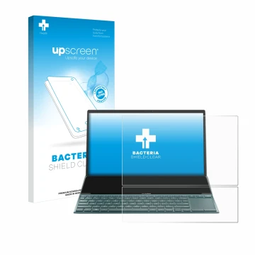 Parte frontal de un envase de producto con el logotipo de la marca upscreen. Al lado se muestra el dispositivo ASUS ZenBook Du