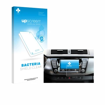 Parte frontal de un envase de producto con el logotipo de la marca upscreen. Al lado se muestra el dispositivo Skoda Fabia 3 C