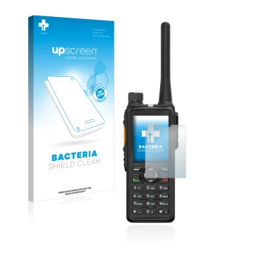 Parte frontal de un envase de producto con el logotipo de la marca upscreen. Al lado se muestra el dispositivo Hytera HP785 co