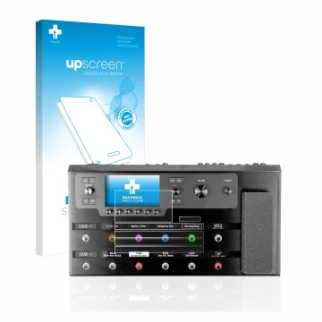 Parte frontal de un envase de producto con el logotipo de la marca upscreen. Al lado se muestra el dispositivo Line 6 Helix Fl