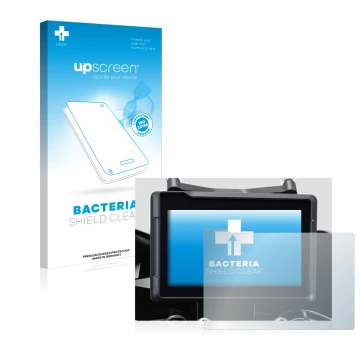 Parte frontal de un envase de producto con el logotipo de la marca upscreen. Al lado se muestra el dispositivo KTM 1290 Super 