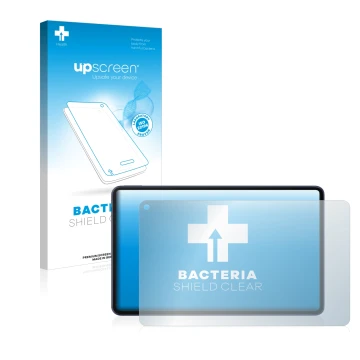 Parte frontal de un envase de producto con el logotipo de la marca upscreen. Al lado se muestra el dispositivo Huawei MatePad 