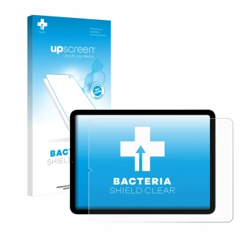 Parte frontal de un envase de producto con el logotipo de la marca upscreen. Al lado se muestra el dispositivo Apple iPad Air 