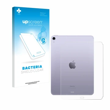 Parte frontal de un envase de producto con el logotipo de la marca upscreen. Al lado se muestra el dispositivo Apple iPad Air 