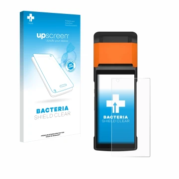 Parte frontal de un envase de producto con el logotipo de la marca upscreen. Al lado se muestra el dispositivo Sunmi V2s con s