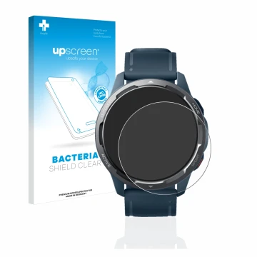 Parte frontal de un envase de producto con el logotipo de la marca upscreen. Al lado se muestra el dispositivo Xiaomi Watch S1