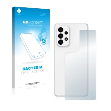 Parte frontal de un envase de producto con el logotipo de la marca upscreen. Al lado se muestra el dispositivo Samsung Galaxy 