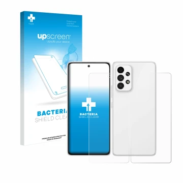 Parte frontal de un envase de producto con el logotipo de la marca upscreen. Al lado se muestra el dispositivo Samsung Galaxy 