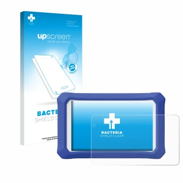 Parte frontal de un envase de producto con el logotipo de la marca upscreen. Al lado se muestra el dispositivo Clementoni Clem