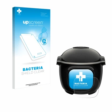 Parte frontal de un envase de producto con el logotipo de la marca upscreen. Al lado se muestra el dispositivo Krups Cook4me T