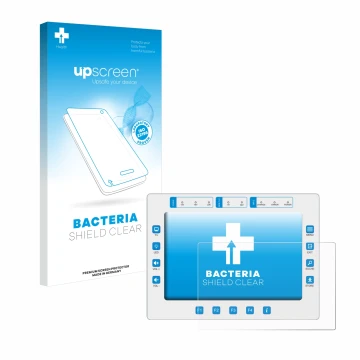 Parte frontal de un envase de producto con el logotipo de la marca upscreen. Al lado se muestra el dispositivo Megasat HD7 Com