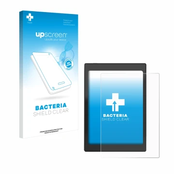 Parte frontal de un envase de producto con el logotipo de la marca upscreen. Al lado se muestra el dispositivo Boox Nova Air C