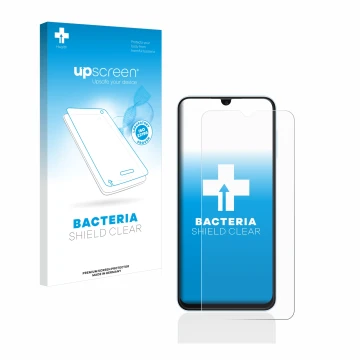 Parte frontal de un envase de producto con el logotipo de la marca upscreen. Al lado se muestra el dispositivo Samsung Galaxy 