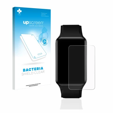 Parte frontal de un envase de producto con el logotipo de la marca upscreen. Al lado se muestra el dispositivo Oppo Watch Free