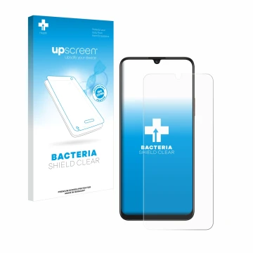 Parte frontal de un envase de producto con el logotipo de la marca upscreen. Al lado se muestra el dispositivo Honor X7 con su
