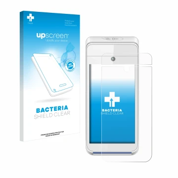 Parte frontal de un envase de producto con el logotipo de la marca upscreen. Al lado se muestra el dispositivo Pax A920 con su